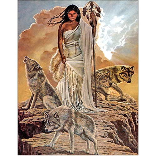 DCIDBEI 40x50CM Malen nach Zahlen quadratisch Erwachsene,Diamond Painting Frau, Kreuzstich Anime Tiere Kinder, Bestandene Prüfung Geschenk, 5D Wanddekoration Motiv Wolf und Indianerin von DCIDBEI