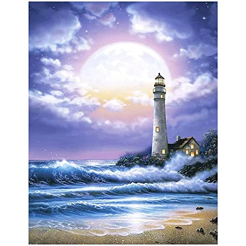 DCIDBEI 40x50cm DIY 5D Diamant Maler-Set Quadratisch,Diamant malerei Landschaft Meer, Diamond Painting,Vorgedruckt für Wohnzimmer Schlafzimmer Dekoration,Leuchtturm im Mondlicht von DCIDBEI