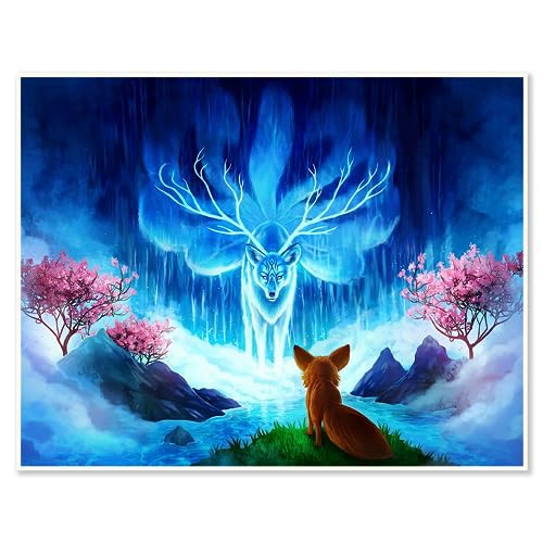 DCIDBEI 50 x 40 cm 5D DIY Runde Diamond Painting Fantasy || Diamant Malerei Fuchs mit neun Schwänzen || Kreative Freizeit Kit Erwachsene || Wanddekoration für Wohnzimmer und Schlafzimmer von DCIDBEI