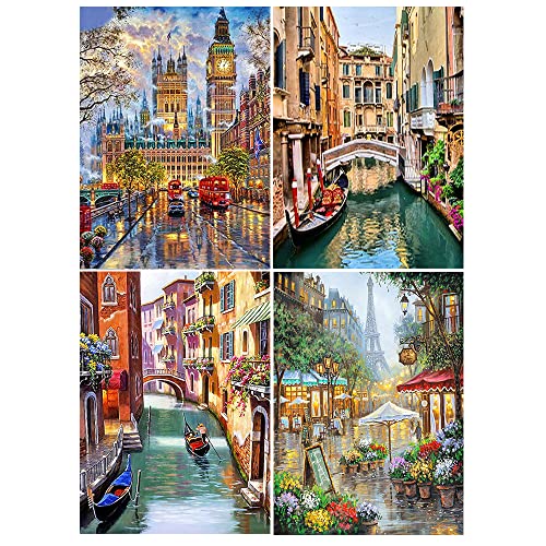 DCIDBEI 5D Diamond Painting 4er Set 40x50 cm Diamond Painting Erwachsene Landschaften Diamond Painting London Bus Malen nach Zahlen Paris Diamant Painting Eiffelturm Diamond Painting Italien Venedig von DCIDBEI