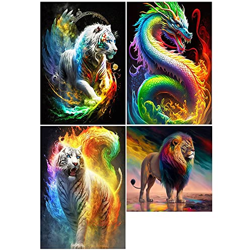 DCIDBEI DIY 5D Diamond Painting 4er Set 30x40 cm Diamant Painting Bilder Tiger Regenbogen Diamond Painting Löwe Malen nach Zahlen Löwe Diamond Painting Dragon Regenbogen Stickbilder Kreuzstich Tiere von DCIDBEI