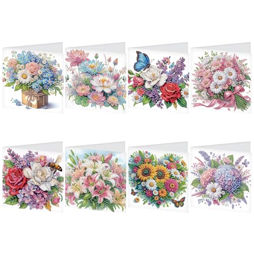 DCIDBEI DIY Diamond Painting Geburtstagskarten Set (8 Stück) Diamant Painting Grußkarten für Glückwunschkarte Klappkarten Malen nach Zahlen Grußkarten für Familie Freunde Blumen von DCIDBEI