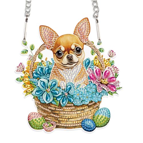 DCIDBEI DIY Speziell Diamant Malerei Hund im Blumenkorb, Diamond Painting Sonnenfänger Anime, Diamond Painting Tiere Baby, 5D-Wanddekoration Handwerk, Anhänger an der Wand von DCIDBEI