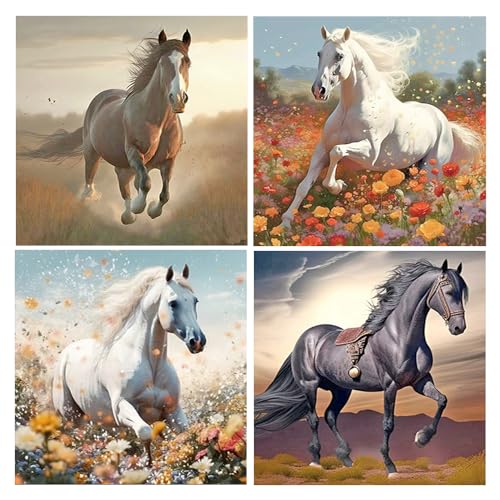 DCIDBEI Diamant Painting Bilder Erwachsene Pferde 30x30 cm 4 Pack Stickbilder Erwachsene Pferde Diamant Painting Pferde Diamond Painting Pferde Schwarz Diamond Painting Springendes Pferd Blumen von DCIDBEI