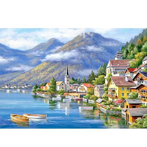 DCIDBEI Diamond Painting Mediterrane Landschaften 50x40 cm Diamond Painting Eckige Steine Landschaft Diamond Painting Landschaft Bergsee Diamant Painting Bilder Strand und Meer Ländliche Häuser von DCIDBEI