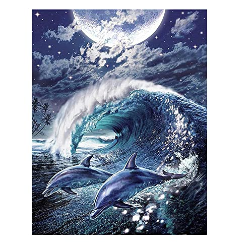 DCIDBEI Square Diamond Painting Delfine 40x50 cm Diamant Painting Viereckigen Steinen Delfin Diamant Malerei Malen nach Zahlen Mond Square Diamond Painting Landschaft am Meer Kreuzstich Landschaft von DCIDBEI