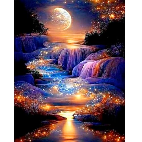 DCIDBEI Square Diamond Painting Mond Landschaft 40x50 cm Painting Leuchtend im Dunkeln Diamond Painting Vollmond Diamond Painting Wasserfall Universum Diamond Painting Eckige Steine Landschaft von DCIDBEI