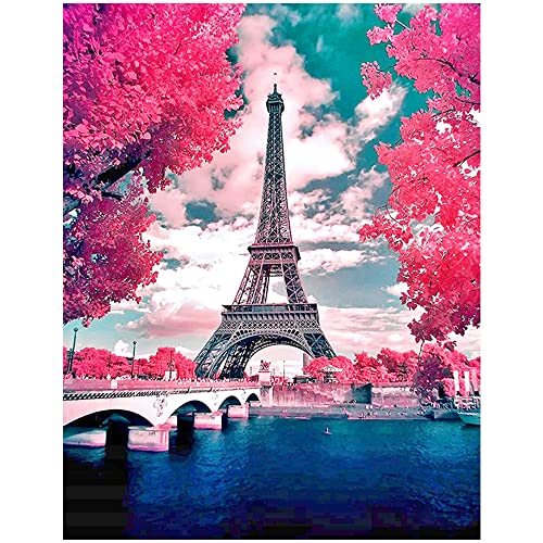 DCIDBEI Square Diamond Painting Quadratische Steine 40x50cm Full DIY 5D Diamant Painting Bilder Erwachsene Leinwan Groß Diamant Malerei Malen nach Zahlen Landschaft Eiffelturm Paris Kirschblüten von DCIDBEI