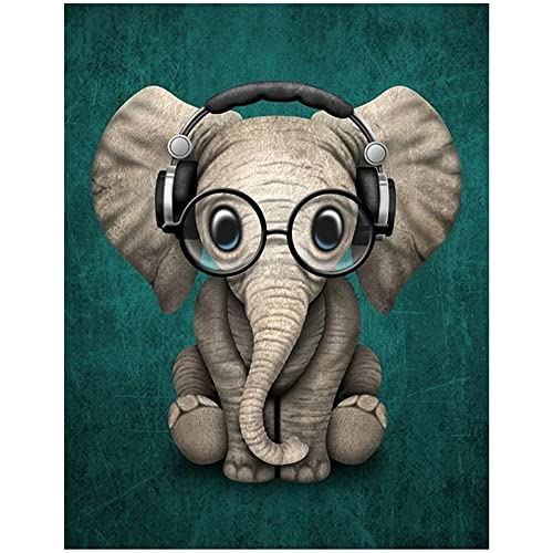 DCIDBEI DIY Square Diamond Painting Eckige Steine 40x50 cm 5D Diamant Malerei Malen nach Zahlen Tiere Baby Elefant mit Kopfhörern Quadratische Steine Gemälde Groß Bastel Kreuzstich Stickerei Strass von DCIDBEI