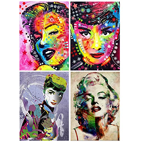 Diamond Painting 4 Stück 30x40 cm Marilyn Monroe Audrey Hepburn Diamant Painting Bilder Erwachsene 5D DIY Diamant Painting Malerei Daiments Bausätze für Home Décor Wand Set 4 Aufkleber Gemälde von DCIDBEI