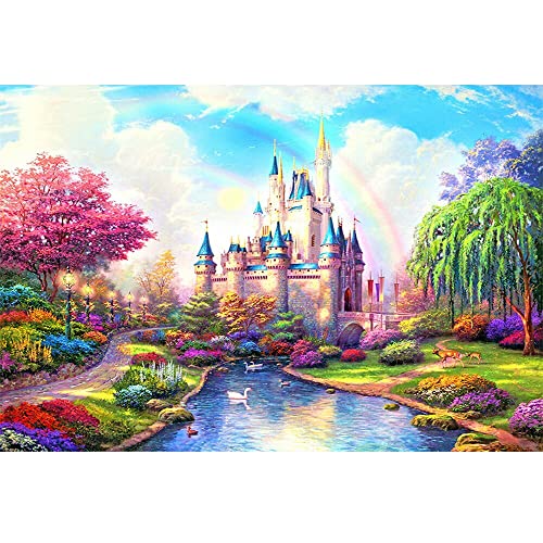 Square Drill Diamond Painting Schloss 50x40 cm Diamond Painting Eckige Steine 5D Diamant Gemälde Malen nach Zahlen Stickerei Malerei Diamond Painting Landschaft Ländlich Kirschblüten Brücke Kirche von DCIDBEI