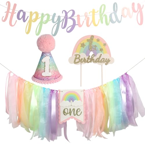 Rainbow Macaron Hochstuhl Banner 1. Geburtstag Mädchen für erste Party Dekorationen Set mit handgefertigtem Tortenaufsatz konischer Hut von DCJHFJ