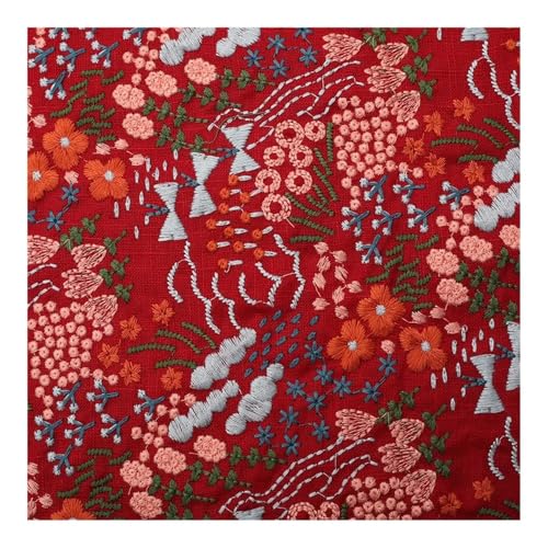 DCNIYT Baumwoll-Leinenstoff mit Blumenstickerei, Baumwolle, Nähstoff, Kleidung, Kleidung, Stoff (rot, 90 cm x 125 cm) von DCNIYT