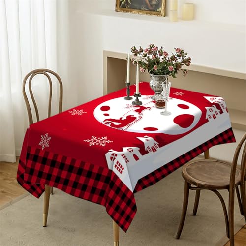 DCNIYT ZBQ9197 (6), 137 x 137 cm, Rot / Schwarz kariert, Motiv: Schlitten und Schneemann, Tischdecke für Weihnachten, Party, Neujahrsdekoration von DCNIYT