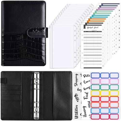 Budget Planner A6 Binder-Notizbuch mit Reißverschlusstasche, PU-Leder, kreativer Spleißbinder, Bargeldbudget, Hauptbuch, Notizbuch for die Schule, Bürobedarf Budget Binder(Black-A6-Set) von DCRYRPQES