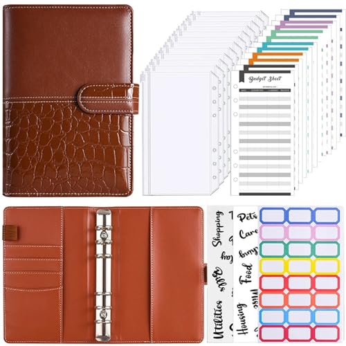 Budget Planner A6 Binder-Notizbuch mit Reißverschlusstasche, PU-Leder, kreativer Spleißbinder, Bargeldbudget, Hauptbuch, Notizbuch for die Schule, Bürobedarf Budget Binder(Brown-A6-Set) von DCRYRPQES