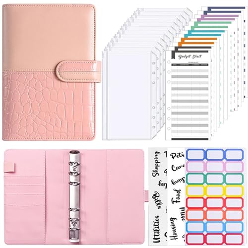 Budget Planner A6 Binder-Notizbuch mit Reißverschlusstasche, PU-Leder, kreativer Spleißbinder, Bargeldbudget, Hauptbuch, Notizbuch for die Schule, Bürobedarf Budget Binder(Pink-A6-Set) von DCRYRPQES