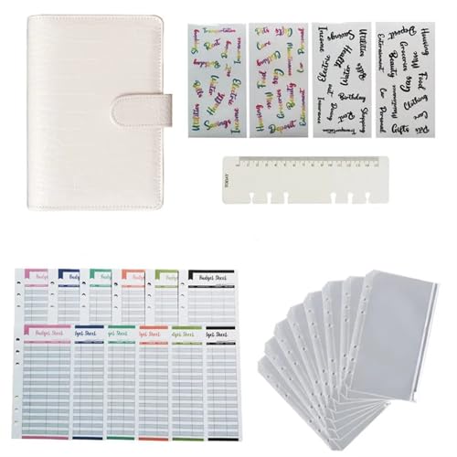 Budget Planner A6 PU Leder Notebook Binder Budget Planer Organizer 6 Ringbuch Abdeckung Taschen Und 12 Stück Ausgaben Budget Blätter Budget Binder(White) von DCRYRPQES