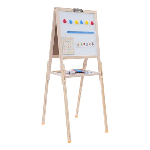 Kinder Staffelei, 3-in-1 Kindertafel doppelseitig Whiteboard & Kreidetafel, Höhenverstellbar Standtafel inkl. Magneten, Holz maltafel mit Lagerregal von DCSYOG