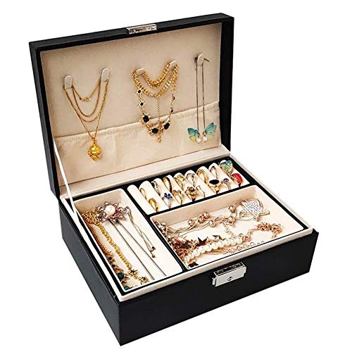 DCYEQRQ Schmuck-Aufbewahrungsbox, Geschenk für Frauen, Schmuckkästchen, PU-Leder, tragbare Schmuckschatulle, Samt-Display mit Sicherheitsschloss, Schmuck-Organizer, Schwarz von DCYEQRQ