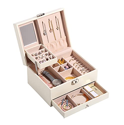 DCYEQRQ Schmuck-Organizer, 2-stöckig, PU-Leder, Schmuck-Organizer, große Kapazität, für Ringe und Anhänger, Aufbewahrungsbox mit Schloss und Spiegel, Bastelbehälter für Mädchen oder Frauen von DCYEQRQ