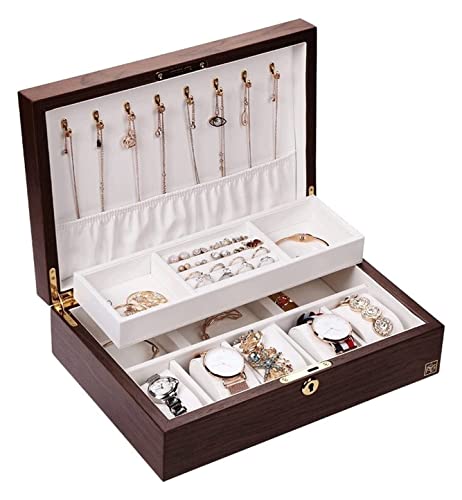 DCYEQRQ Schmuckkästchen, Schmuck-Organizer, Holz-Schmuckschatulle, 2-lagig, groß, Schmuck-Organizer für Halsketten, Ohrringe, Ringe, Armbänder, Uhren, Schlafzimmerzubehör (Col von DCYEQRQ