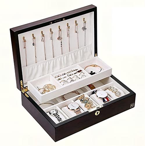 DCYEQRQ Schmuckkästchen, Schmuck-Organizer, Holz-Schmuckschatulle, 2-lagig, groß, Schmuck-Organizer für Halsketten, Ohrringe, Ringe, Armbänder, Uhren, Schlafzimmerzubehör (Col von DCYEQRQ