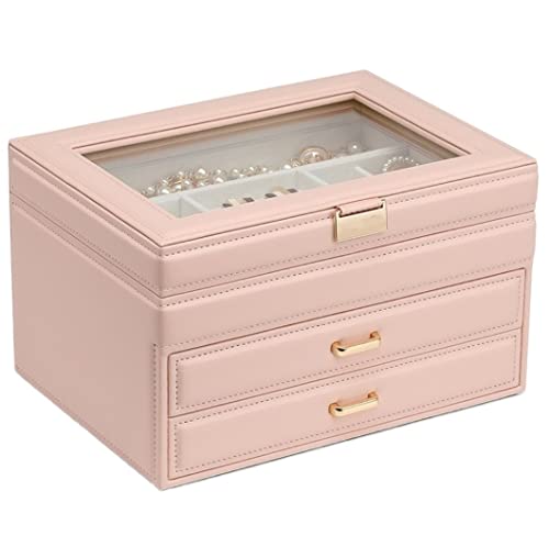 DCYEQRQ Schmuckkästchen Schmuck-Organizer PU-Leder Schmuckschatulle Schmuckaufbewahrungsbox Ohrring Ohrstecker Ring Halskette Organizer Fall Schlafzimmer Zubehör (Farbe: Rosa, Größe: 25,6 x 15 cm) von DCYEQRQ