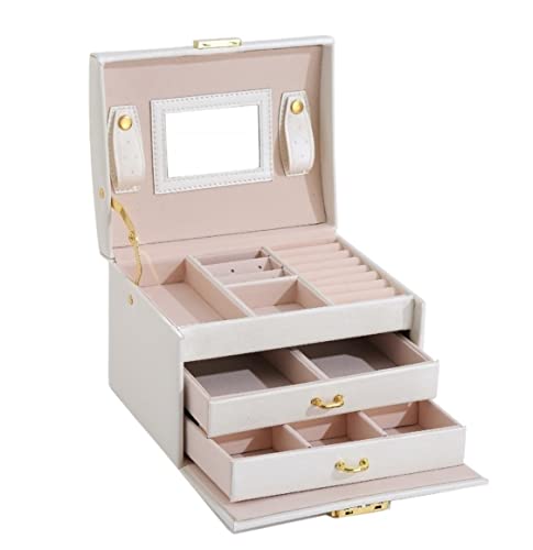 DCYEQRQ Schmuckschatulle, Schmuck-Organizer, 3-lagig Schmuckbox, PU Leder Schmuck Organizer, Box mit Schloss und Spiegel, Schmucketui für Ringe, Ohrringe, Halskette, Schlafzimmer Zubehör (Colo von DCYEQRQ