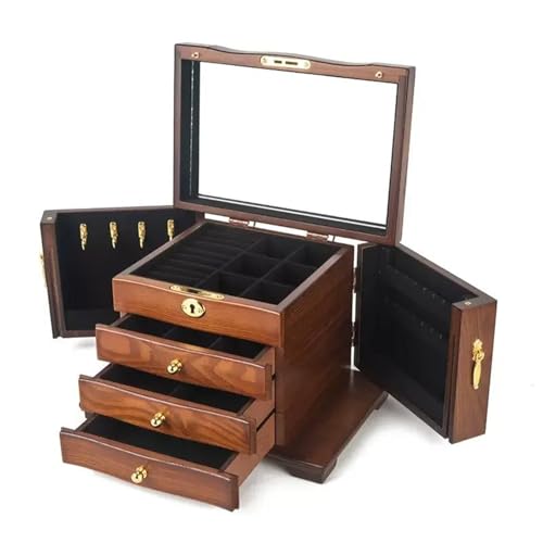 DCYEQRQ Schmuckschatulle Veranstalter Schmuck Aufbewahrungsbox Aufbewahrungsbox Zarte Massivholz Schmuck Box Schloss Holzkiste Große Multifunktionale Kapazität Aufbewahrungsbox Ohrring Lagerung von DCYEQRQ