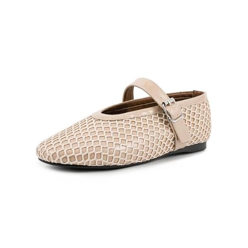 DDJITUO Damen Flache Schuhe, Temperamentvolle Ballerinas mit runder Schnalle und Netzstoff, für Hochzeiten, Abende, Partys, Abschlussbälle, Alltagsschuhe, 36 EU,Beige von DDJITUO