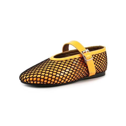 DDJITUO Damen Flache Schuhe, Temperamentvolle Ballerinas mit runder Schnalle und Netzstoff, für Hochzeiten, Abende, Partys, Abschlussbälle, Alltagsschuhe, 36 EU,Yellow von DDJITUO