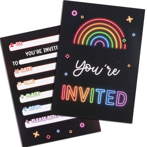 Geburtstagseinladungen für Mädchen, Jungen, Kinder, Party-Einladungen, Geburtstagseinladungen, Neon-Regenbogen-Einladungskarten, doppelseitiges Design, 20 Stück von DDLP