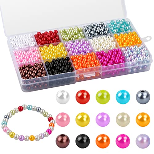 1500 Stück Glasperlen, 15 Farben 6mm Perlen Runde Bunte Perlen Bastelperlen zum Auffädeln, Kunstperle Runde Perlen, Gemischte Farbe Glass Beads für die Halskette Armbänder Herstellung von DEARBAG