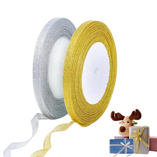 2 Rollen Pailletten Organzaband, Glänzende Gold und Silber Dekorationsstreifenbänder, Organzaband für Geschenkbox, Hochzeit, Weihnachtsdekoration, 1 cm x 23 Meter von DEARBAG