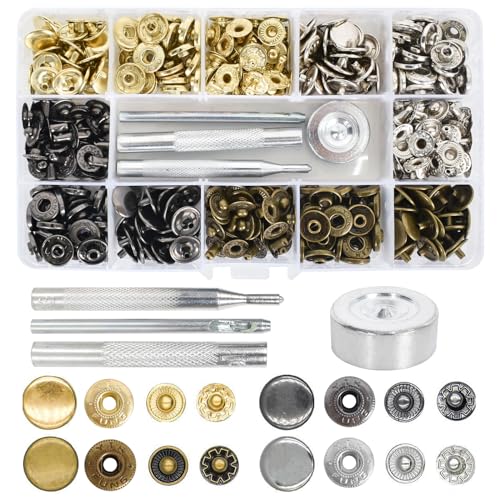 400/100 Sets Druckknopf-Sets, 12 mm Kupfer Druckknöpfe Metall Bronze Kleidung Snaps Taste mit 4 Fixierwerkzeug Kit für Leder Handwerk Jacke Brieftasche Handtasche, 4 Farben von DEARBAG