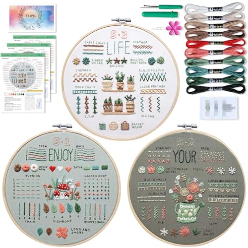 DEARBAG 3 Stück Stickerei Set Anfänger, Embroidery Kit, Blumenmuster Pflanzen Kreuzstich-Kit, Starter Tools Kit mit 1 Bambus-Stickrahmen, Farbfäden und Werkzeuge, für DIY Kunst Handwerk Sticken von DEARBAG