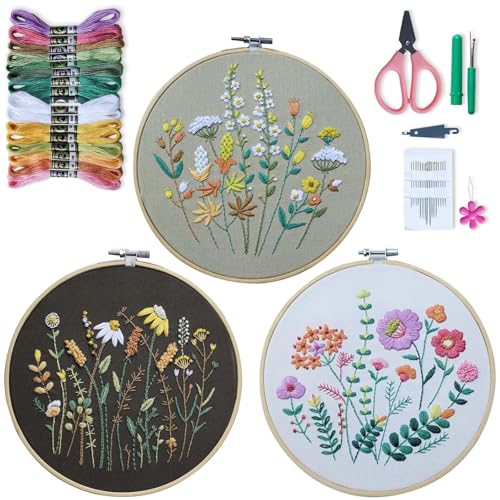 DEARBAG 3 Stück Stickerei Set Anfänger, Embroidery Kit, Blumenmuster Pflanzen Kreuzstich-Kit, Starter Tools Kit mit 1 Bambus-Stickrahmen, Farbfäden und Werkzeuge, für DIY Kunst Handwerk Sticken (B) von DEARBAG