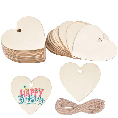 DEARBAG 50 Stück Holzherzen Deko, Herz Streudeko Holzscheiben mit 10m Jute Schnur zum Basteln DIY, Ideal für Rustikale Hochzeit Tisch Weihnachten Geburtstag Valentinstag Heimdekoration von DEARBAG