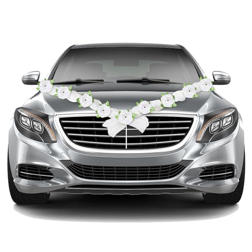 DEARBAG Autoschmuck Hochzeit Dekoration Braut Paar Rose Deko Girlande Hochzeitsschmuck Weiß Gaze Rosendekoration Set mit 9 extrastarken Saugnäpfen Auto Schmuck Car Wedding Girlande (Reinweiß/Weiß) von DEARBAG