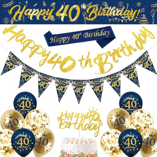 Dekoration zum 40. Geburtstag, Blau, Gold, "Happy 40th Birthday", Luftballons, Wimpelkette, Flaggen, Schärpe, Kuchendekoration für Männer und Frauen, blau, Partyzubehör zum 40. Geburtstag von DEARLIVES