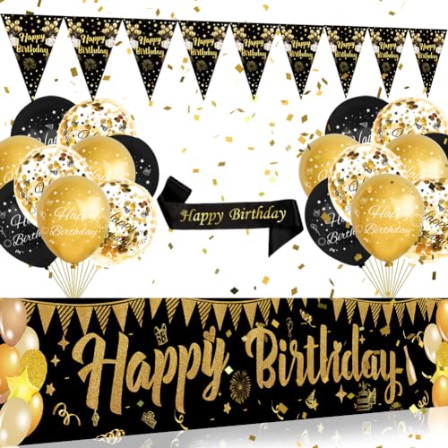 Schwarz-goldenes Happy Birthday-Dekorationsset, Happy Birthday Hofbanner, Happy Birthday Luftballons, Schärpe, Banner, Dreiecksflaggen für Damen und Herren, Happy Birthday Partyzubehör von DEARLIVES