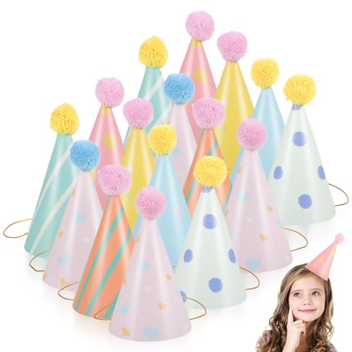 DEARMAMY 16Pcs Kegelhüche Papier Geburtstagskappen Mit Pompom Dekorativ von DEARMAMY