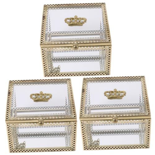 DEARMAMY 3Er-Box schmuckschatulle aus glas Karte golden transparent Andenken Boxen mit Deckel Anzeige storage boxes aufbwahrungs-box schmuck display Glasvitrine Glaskästen zur Präsentation von DEARMAMY