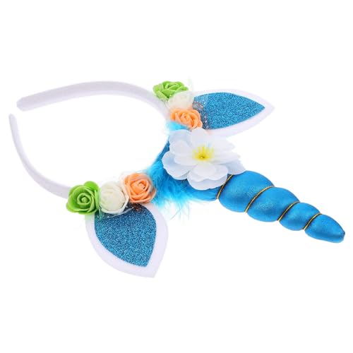 DEARMAMY Glitzer-Einhörner-Horn-Stirnband Blumenohren Einhörner-Stirnbänder Katzenohr-Haarbänder Blumen-Kopfbedeckung Einhörner-Kostüm Für Halloween Weihnachtsfeier Blau von DEARMAMY