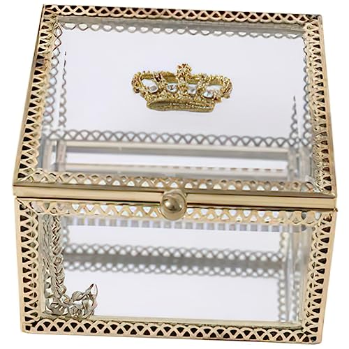 DEARMAMY Kastenkasten Schmuckschatulle Aus Glas Halter Transparent Karte Klarsichtvitrine Mit Regalen Korb Anzeige Würfel Kiste Boxen Mit Deckel Andenken Glasvitrine Golden von DEARMAMY