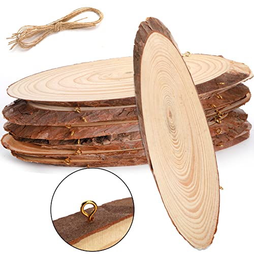 DEAYOU 8 Stück natürliche Holzscheiben, unlackiertes Holzhandwerk mit Rinde, Baumscheibe Holzschild mit kleinem Augenring, Holzplatte Plaque Plank für Tafelaufsatz, DIY, 23-27 cm L x 8-10 cm B, oval von DEAYOU