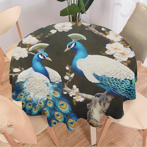 DEBAOKA Bunte, elegante runde Tischdecke mit Pfau, modernes Blumenmuster, blau, Tier, wiederverwendbar, hitzebeständig, schmutzabweisend, Tischdecke für Esszimmer, Küche, Innen- und Außenbereich, von DEBAOKA