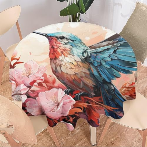 DEBAOKA Bunte Kolibri-Tischdecke, runde Tischdecke, tropische Tiere, rosa Blumen, Vogel, wiederverwendbar, kreisförmig, hitzebeständig, schmutzabweisend, Tischdecke für Esszimmer, Küche, Innen- und von DEBAOKA