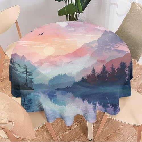 DEBAOKA Bunte Wald-Tischdecke, Fantasie-Sonnenuntergang, Bergsee, wiederverwendbar, kreisförmig, hitzebeständig, schmutzabweisend, Tischdecke für Esszimmer, Küche, Innen- und Außenbereich, von DEBAOKA